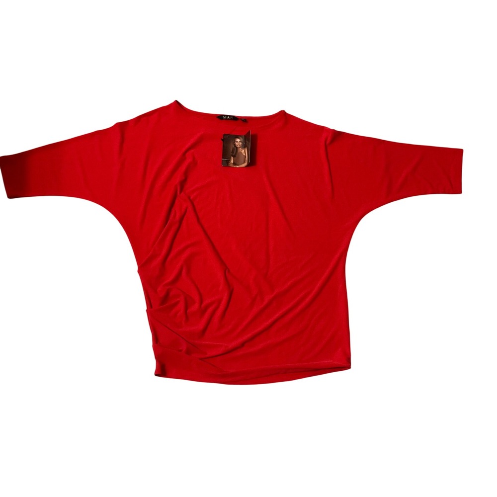 IMAN Top Women S Red NEW Dolman Sleeve Draped Boat Neck Global Chic Top
